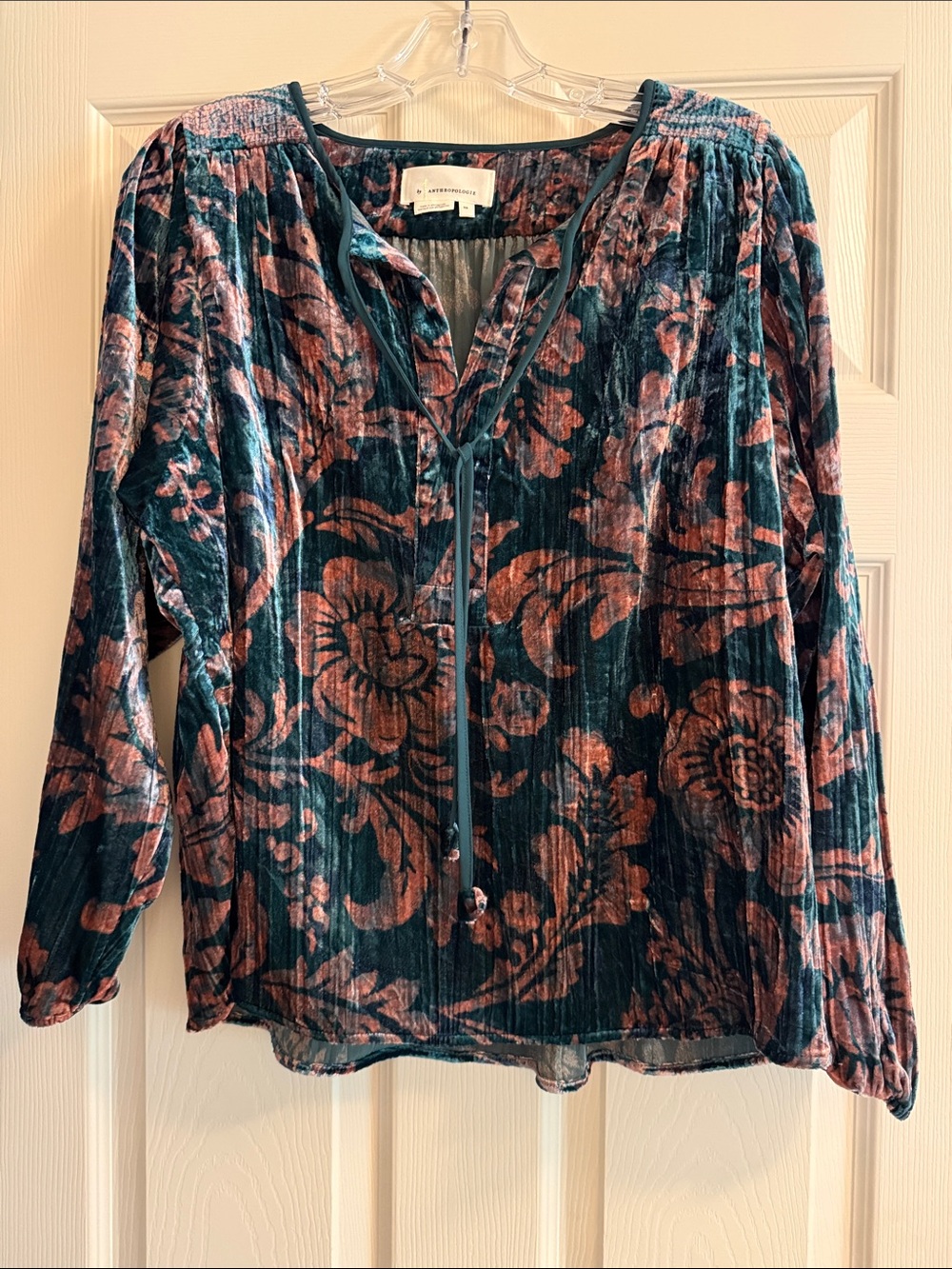 Anthropologie Teal & Rust Floral Velvet Blouse